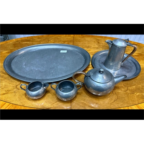 1230 - Tuderic Pewter Large Tray, together with English pewter tea pot, sugar bowl and milk jug.