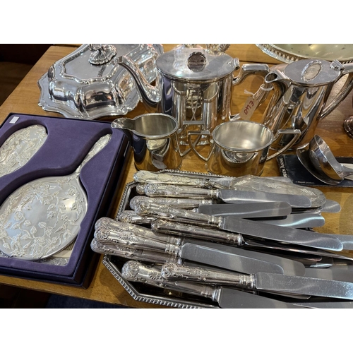 1262 - Box of Quality Silver Plated Ware, includes lidded serving dishes, Walker & Hall Teapot, Hot Water J... 