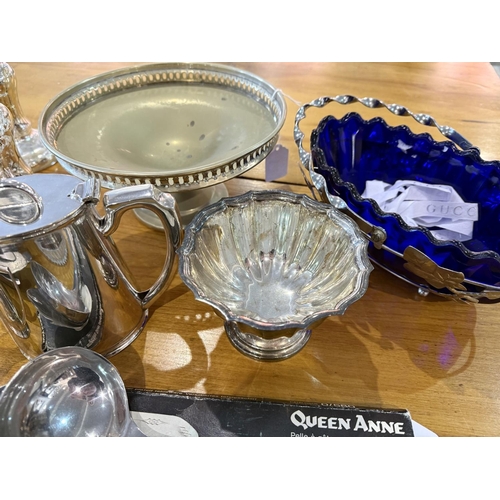 1262 - Box of Quality Silver Plated Ware, includes lidded serving dishes, Walker & Hall Teapot, Hot Water J... 