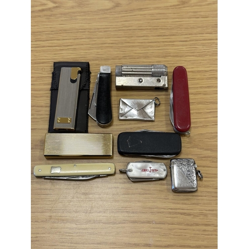 1316 - Small Box of Calibra Lighter, Pocket Knifes, Vesta Case, Silver Stamp Holder etc - Please See Photos... 