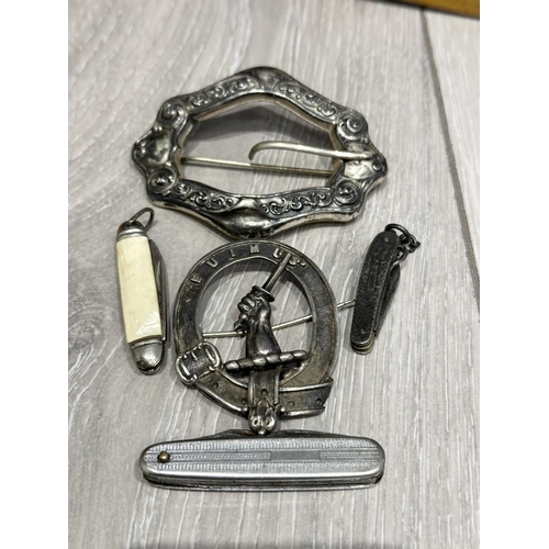 1360 - Misc Bag of Collectables. Includes Coins, Silver Plated Items, Buckles, Vintage Fobs & Chain, Penkni... 