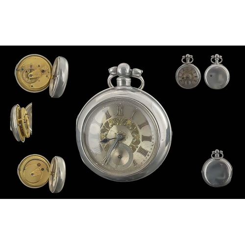 168 - Victorian Period - Pleasing Sterling Silver Pair Cased Pocket Watch, Features Silver Dial and Gold M... 