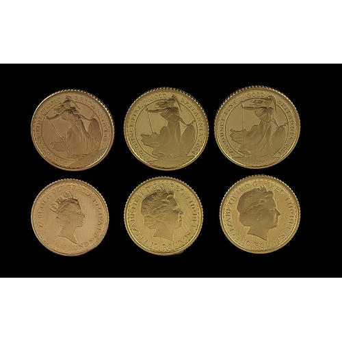 191 - Queen Elizabeth II 22ct Gold 3 x 1/4 oz 10 Pound Coins, Dates 1987, 2002, 2004. All Coins In Mint Co... 