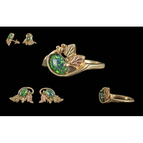 199 - Ladies 10ct Gold & Opal Set Leaf Design Dress Ring and Matching Stud Earrings, Stamped for 10ct, Rin... 