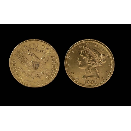 211 - United States Of America Five Dollar Gold Coin - Date 1901. San Francisco Mint. E.F Condition. Pleas... 