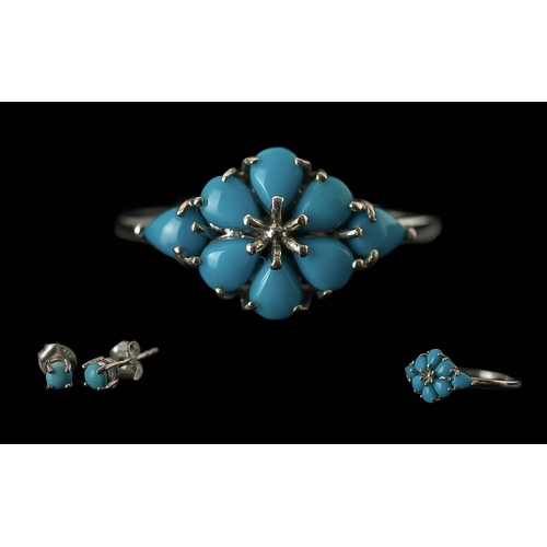 283 - Turquoise ''Forget - Me - Not'' Flower Ring and Stud Earrings, a petite style of ring with 1.5cts of... 