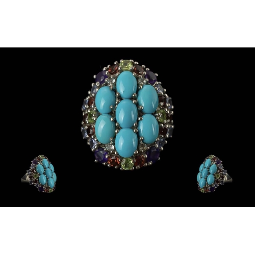 285 - Turquoise and Multi Gemstone Statement Ring, seven oval cut turquoise, in a 2-3-2 formation, framed ... 