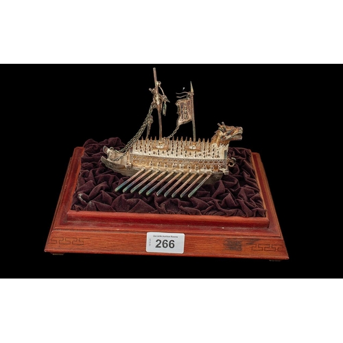 292 - Silver Oriental Medieval Style Fighting Ship on a Stepped Wooden Plinth, Realistically Modeled with ... 