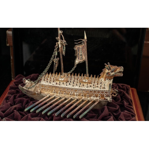 292 - Silver Oriental Medieval Style Fighting Ship on a Stepped Wooden Plinth, Realistically Modeled with ... 