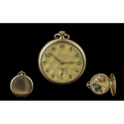 294 - Tempo 1920's Rolled Gold Slim line 15 Jewels Open Faceted Pocket Watch, Guaranteed to Wear 10 years.... 