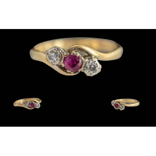 302 - Ladies Pleasing 18ct Gold 3 Stone Ruby and Diamond Set Ring. Marked 18ct to Interior of Shank. Ruby,... 