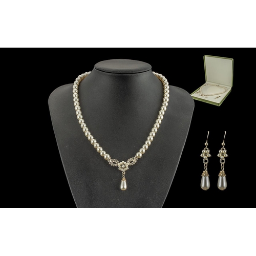 307 - Beautiful Quality Ladies Pearl Necklace and Matching Drop Earrings, In Original Box.