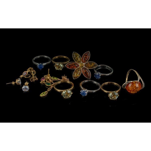 312 - Small Collection of Silver and Silver Gilt Jewellery comprising 2 various Baltic amber rings, 3 sapp... 