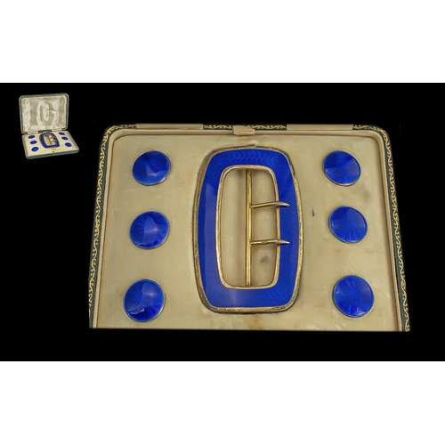 313 - George V Period 1910 - 1936 Ladies Superb Gilt Silver and Blue Enamel Belt Buckle and Button Set in ... 