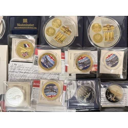 422 - Collection of Windsor Mint Collectible Commemorative Coins, mostly gold plated, including German air... 