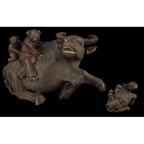 819 - 19th / Early 20th Century Japanese Pair of Water Buffaloes with Riders, of Large Size. 12 Inches In ... 