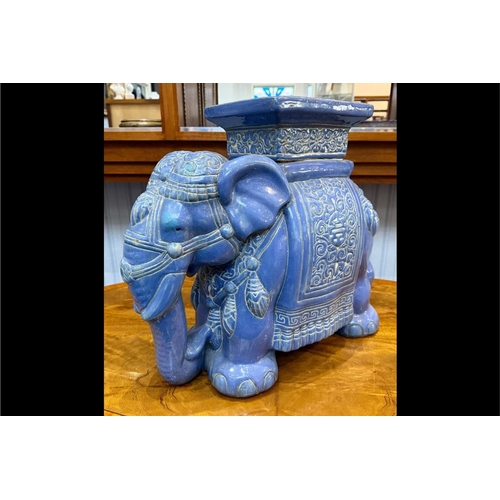 831 - Oriental Porcelain Elephant Side Table/Pedestal, blue, measures 18'' high x 22'' long approx.