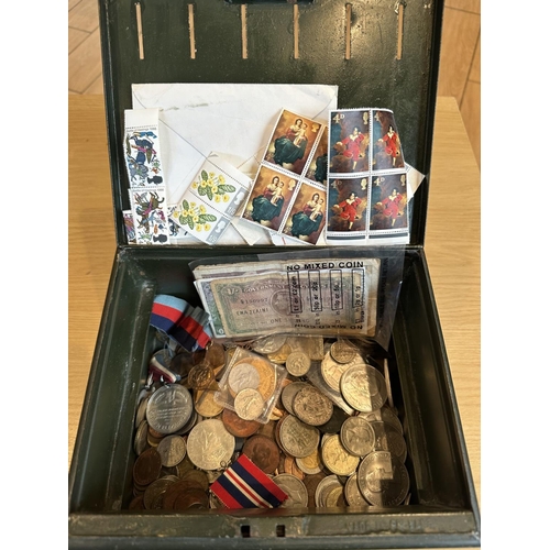 1409 - Old Tin of Coins, Medals & Stamps - Please See Photo.