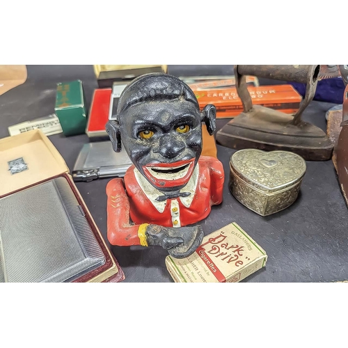 1379 - Mixed Box of Collectible Items, to include a Jolly Boy savings bank, a winged car bonnet mascot, Agi... 