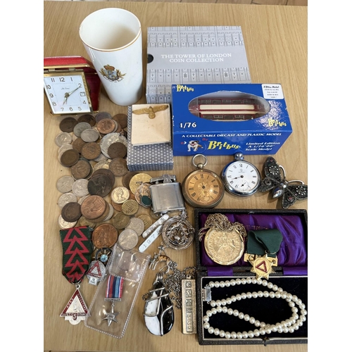 1483 - Box of Collectables, Includes Pearls, Coins, Sugar Shaker ( Silver Plate ) Ronson Lighter In Box etc... 