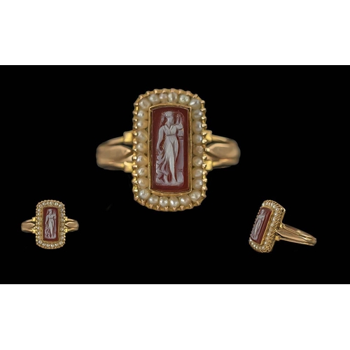 22A - Antique Period Pleasing Quality Ladies 18ct Gold Cameo and Seed Pearl Set Ring of Rectangular Form, ... 