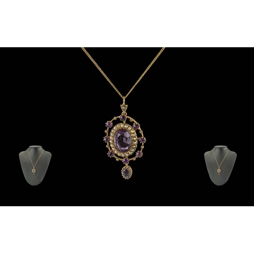 30A - Edwardian Period 1901 - 1910 Ladies Superb 9ct Gold Openwork Amethyst and Seed Pearl Pendant with at... 