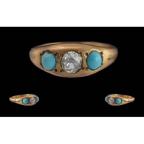 33 - Antique Period 9ct Gold Ladies 3 Stone Turquoise and Diamond Set Ring. Marks to Interior of Shank. T... 