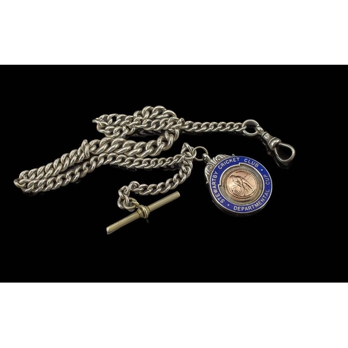 101 - Sterling Silver Albert Watch Chain with Attached Sterling Silver & Gold Football Medal - Dated 1933.... 