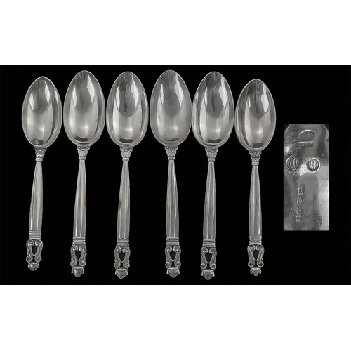 102 - Georg Jensen Denmark Set of Six Large Sterling Silver Desert Spoons, All Spoons with Georg Jensen St... 