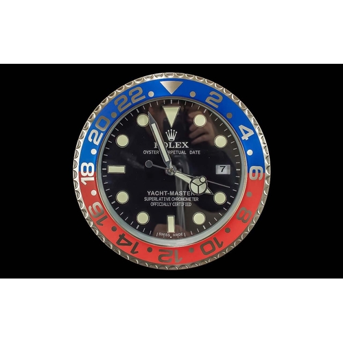 1108 - Rolex Style Dealer Display Wall Clock, black face, cream markers, date aperture, marked Yacht-Master... 