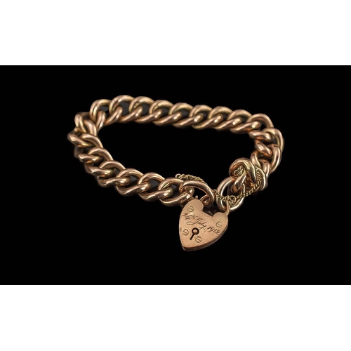 12 - Edwardian Period 9ct Gold Curb-Link Bracelet with Heart Shaped 9ct Gold Padlock, excellent warm colo... 