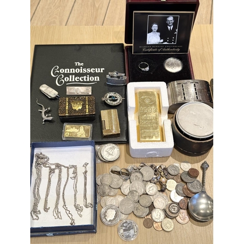 1382 - Assorted Box of Collectables. Includes Silver Chains, Coins, Costume Jewellery, Lighters, Midland Ba... 