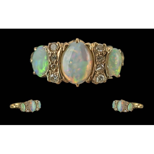 14 - Antique Period Excellent Quality Ladies 18ct Gold Opal and Diamond Set Ring, Raised Open work Settin... 