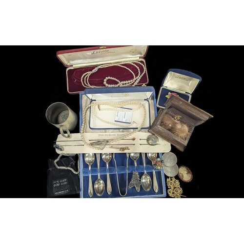 1428 - Box of Misc Items. Includes Pearls, Coalport Pendant, Brooches etc.