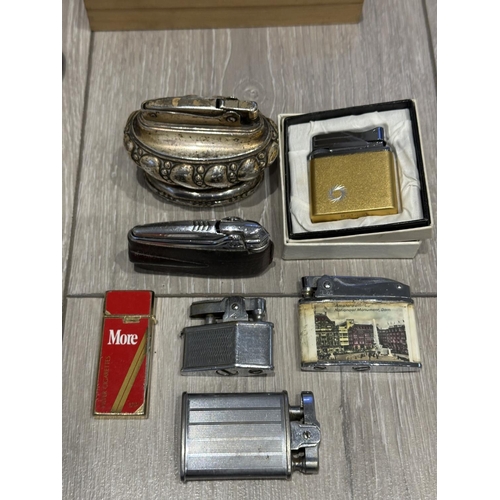 1436A - Box of Collectables. Includes Lighters & Table Top Lighters, Coins, Jewellery, Cigarette Cases etc, ... 