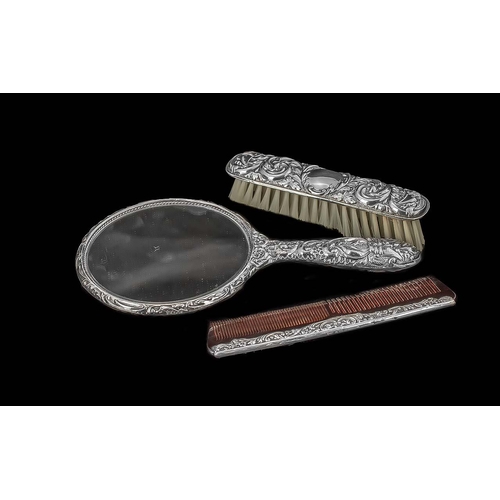 1473 - Ladies ( 3 ) Piece Sterling Silver Dressing Table Set, Includes Mirror, Brush & Comb. Fully Hallmark... 