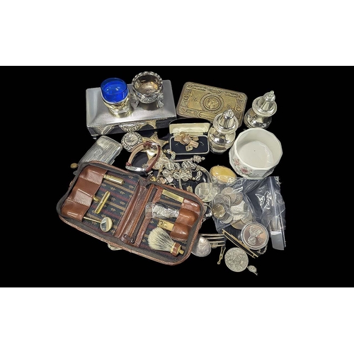 1474 - Box of Collectables. Includes Coins, Costume Jewellery, Silver Plate Cigarette Box, Gentleman's Trav... 