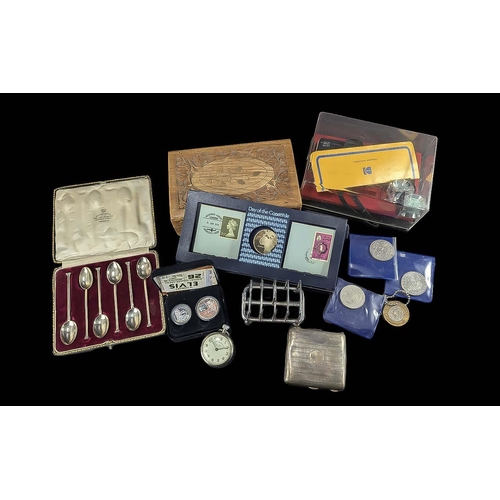 1478 - Box of Misc Collectables. Includes Toast Rack, Day of the Concorde Coin & Stamp Set, Cigarette Box, ... 