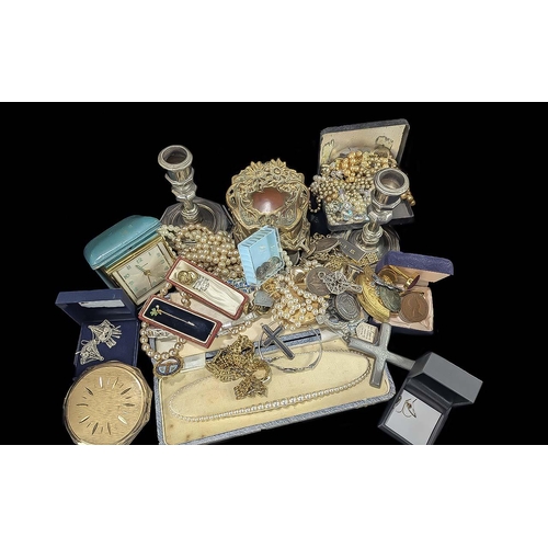 1479 - Box of Collectables. Includes Candlesticks, Pearls, Costume Jewellery, Brass Box, Compacts, Travel C... 