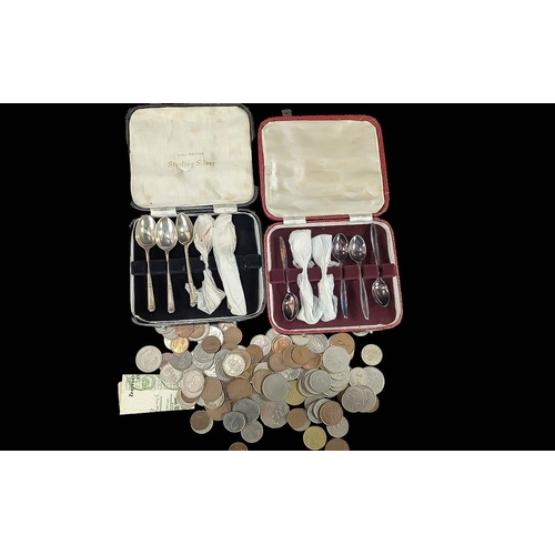 1487 - Mixed Bag of Assorted Coins & Silver 925 Spoons & Silver Plate Spoons ( In Boxes )