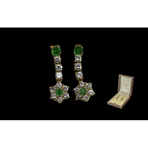 15 - Ladies Excellent Quality Pair of 18ct Gold Diamond and Emerald Set Cluster Drop Earrings. Marked 750... 