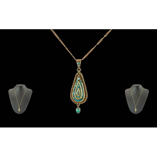 17 - Victorian Period 1837 - 1901 Ladies 15ct Gold Turquoise Set Pear Shaped Drop Pendant attached to a l... 