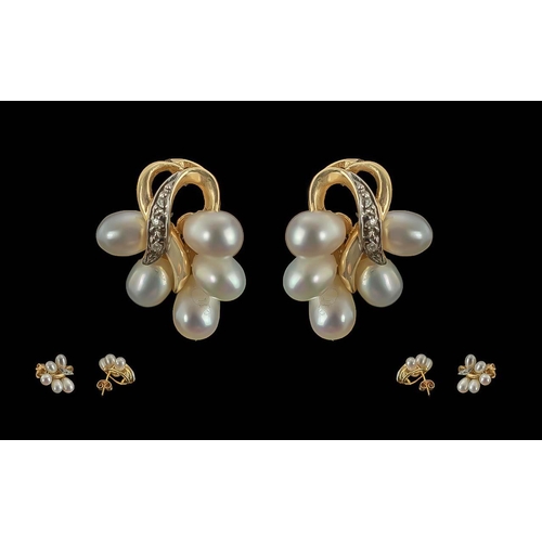 18A - Ladies - Attractive Pair of 14ct Gold Pearl Set Cluster Earrings. Marked 585 - 14ct. The Well Matche... 