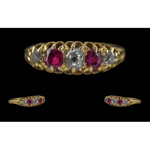 21A - Antique Period Ladies 18ct Gold Pleasing 5 Stone Ruby and Diamond Set Ring , marked 18ct to interior... 