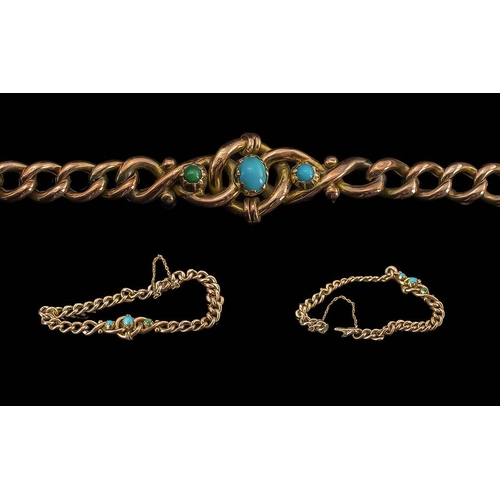 28 - Victorian Period 1837 - 1901 Ladies 9ct Rose Gold Turquoise Set Bracelet with Safety Chain. Turquois... 