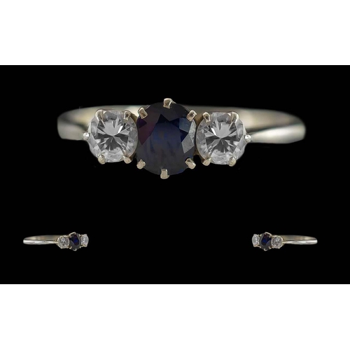 28A - Ladies Pleasing 1930's 18ct Gold 3 Stone Diamond and Sapphire Set Ring, Marked 18ct and Platinum to ... 