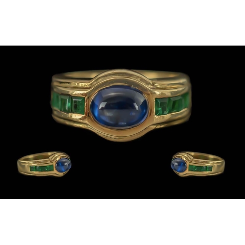 36A - Ladies 18ct Gold Blue Sapphire and Emerald Set Ring of Pleasing Design. Marked 750 to Interior of Sh... 