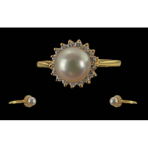 38A - Ladies Quality 18ct Gold Pearl and Diamond Set Ring, Flower head Design. Gold Marks to Interior of S... 