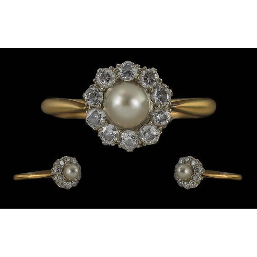 41A - Edwardian Period 1901 - 1910 Ladies Pleasing 18ct Gold Diamond and Pearl Set Cluster Ring, flower he... 