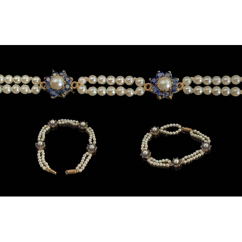 43A - Ladies - Attractive 9ct Gold Pearl and Sapphire Set Bracelet, Marked 9ct. The Well Matched Pearls of... 